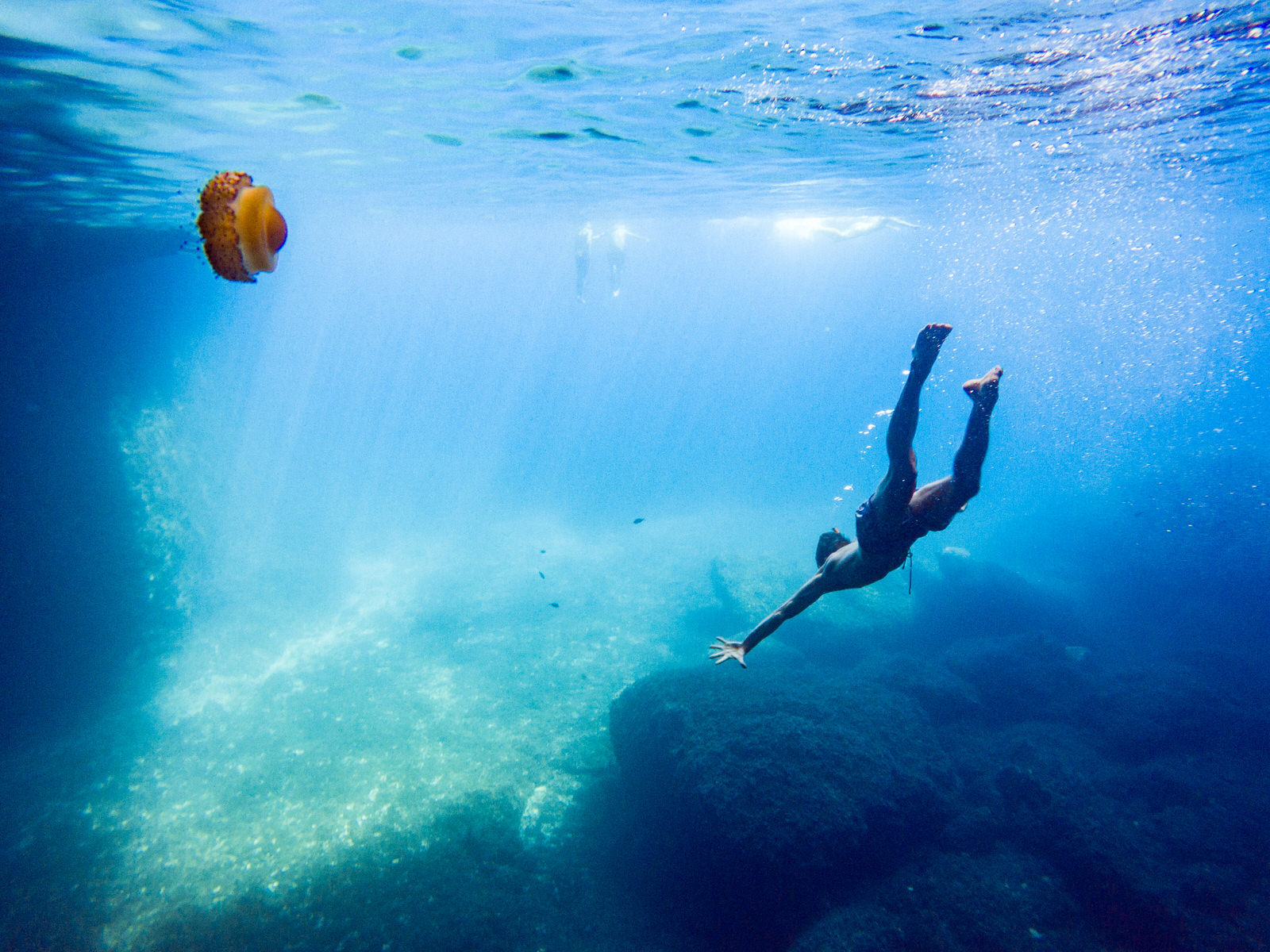 Subacqueo in immersione con medusa
